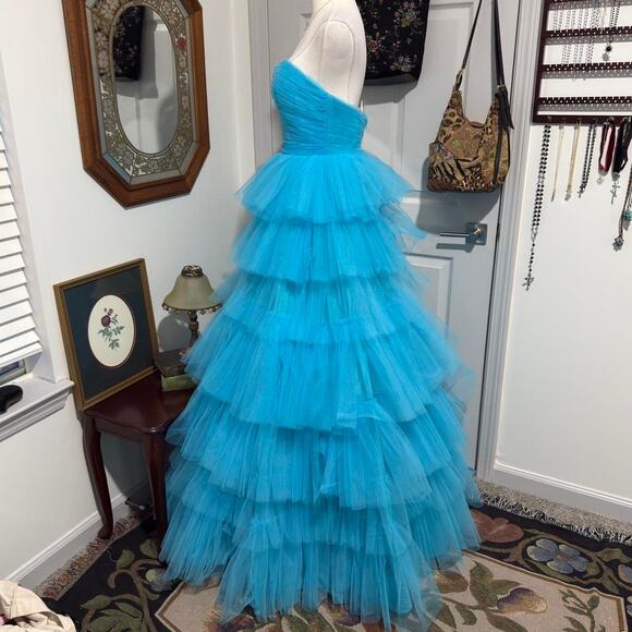 NWOT Ashley Lauren Turquoise Blue Tiered Tulle Strapless Ballgown Prom Dress 6/S - Picture 5 of 8